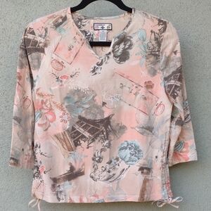 Caribbean Joe Asian Floral Travel Peach and Teal 3/4 Sleeve Top PM